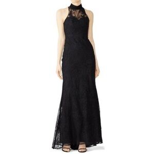 Badgley Mischka Lace Column High Neck Formal Gown Black 2